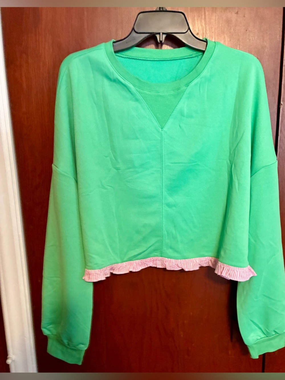 Cropped Mint Green Sweatshirt with Pink Ruffle Trim